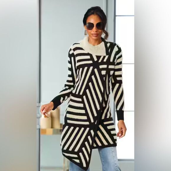 Nori Sweater FlyaWay Wrap Eyelash Yarn Split Turtleneck Abstract black cream 1X - Picture 4 of 12